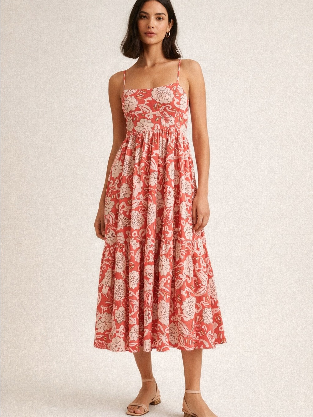 Zara Floral Spaghetti-Strap Midi Dress in Coral &White Size XS Linen Blend